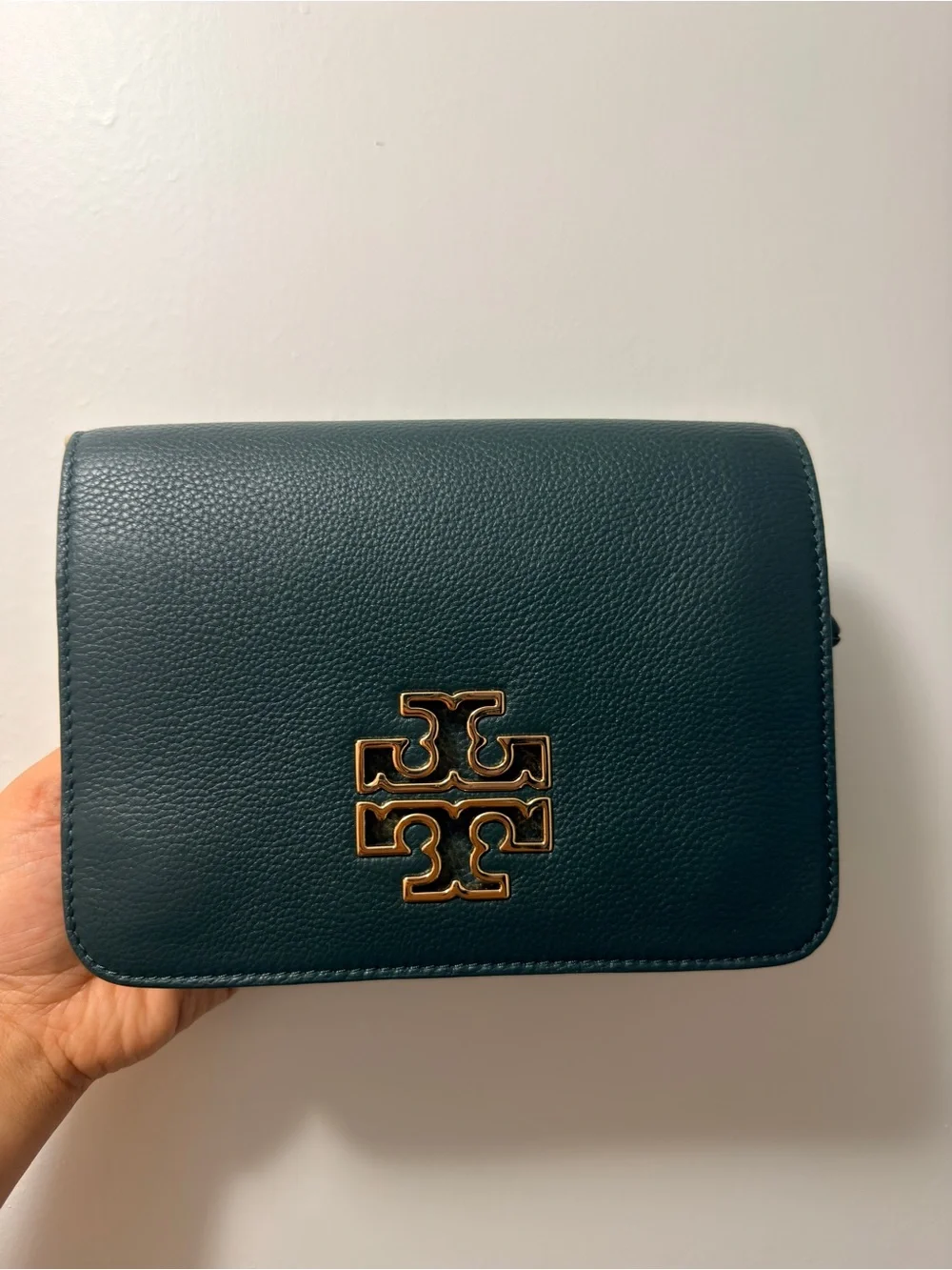 Tory Burch Teal Pebbled Leather Crossbody with Gold Logo